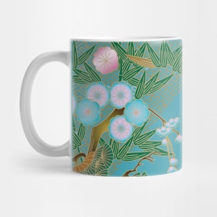 Cherry blossom, bamboo and pine tree on azure background Mug